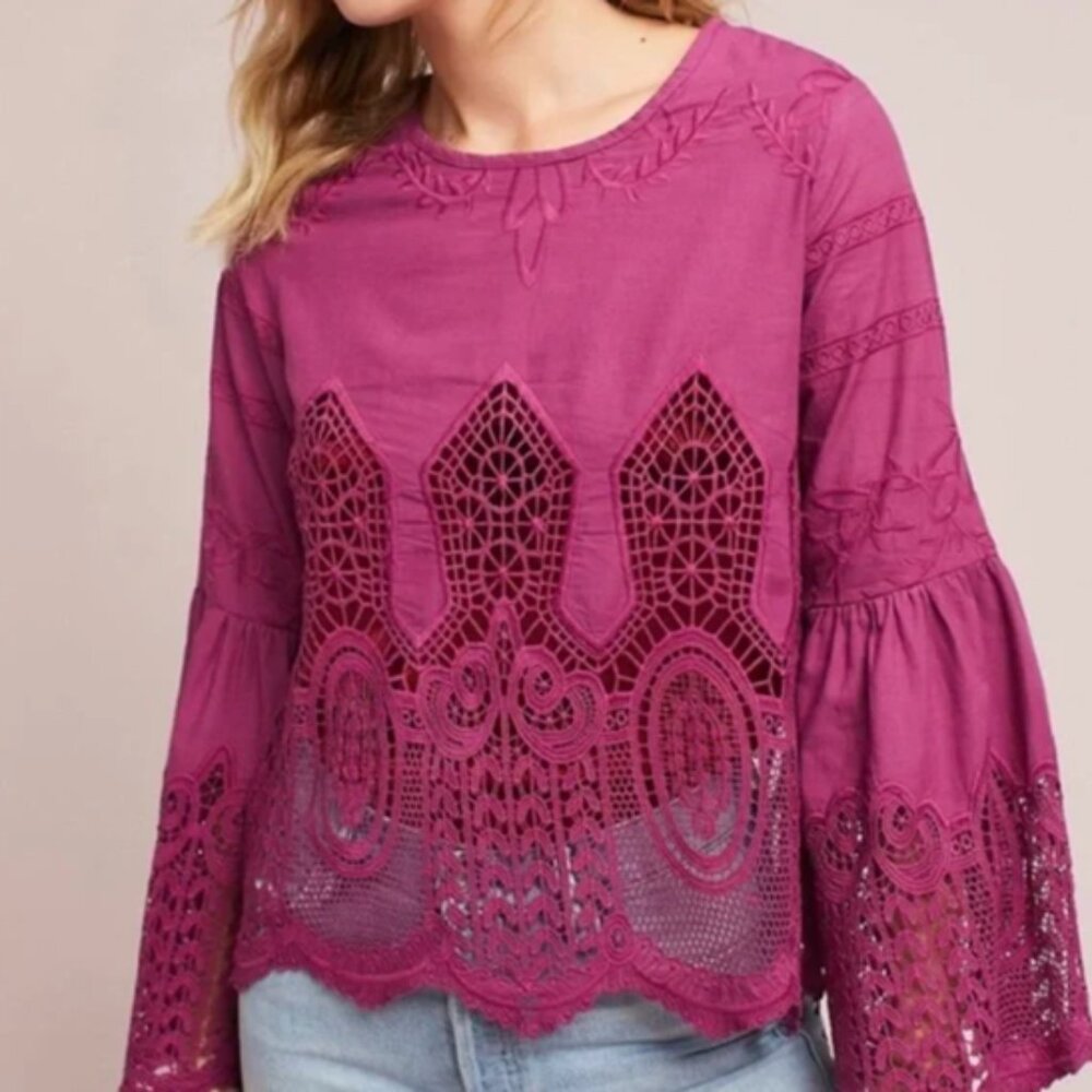 Chloe Oliver Anthropologie Magenta Lace Top Size Large